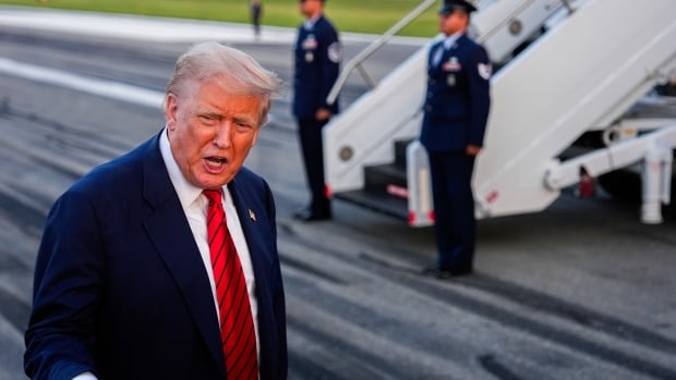 U.S. President Donald Trump speaks, with the steps of Air Force One in the background. 