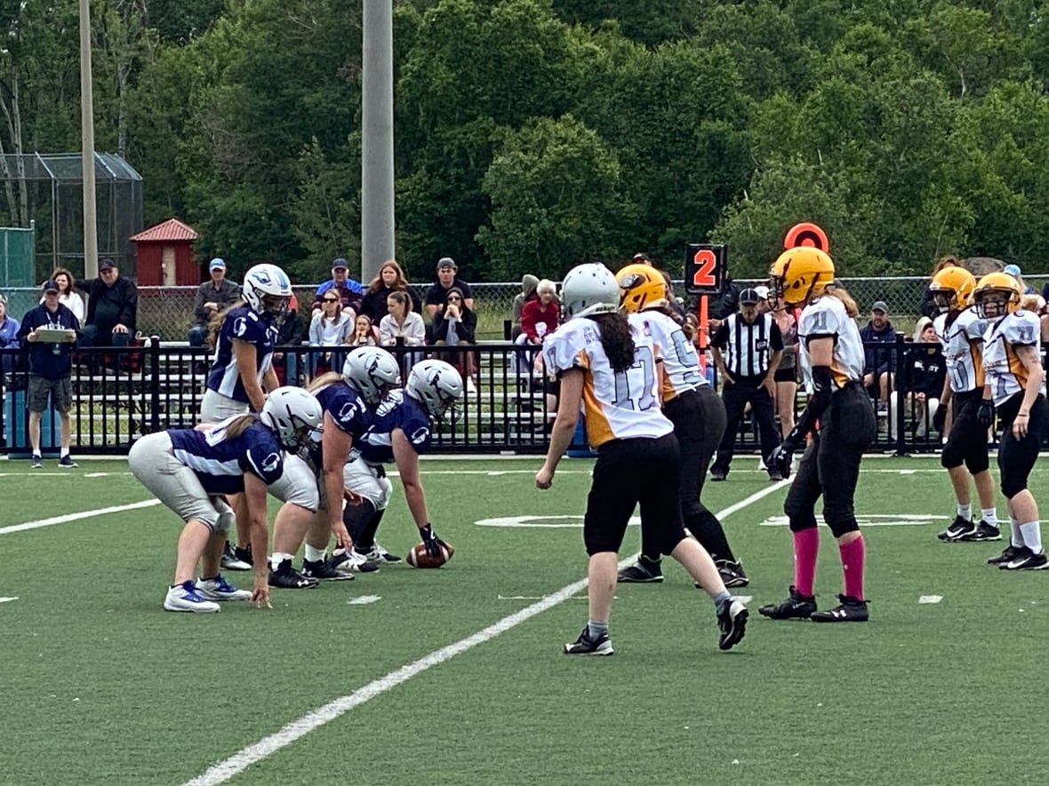Two women's football teams play football on a football field.