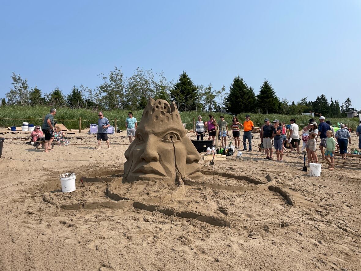 A sand sculpture on a beach that looks like a big face.