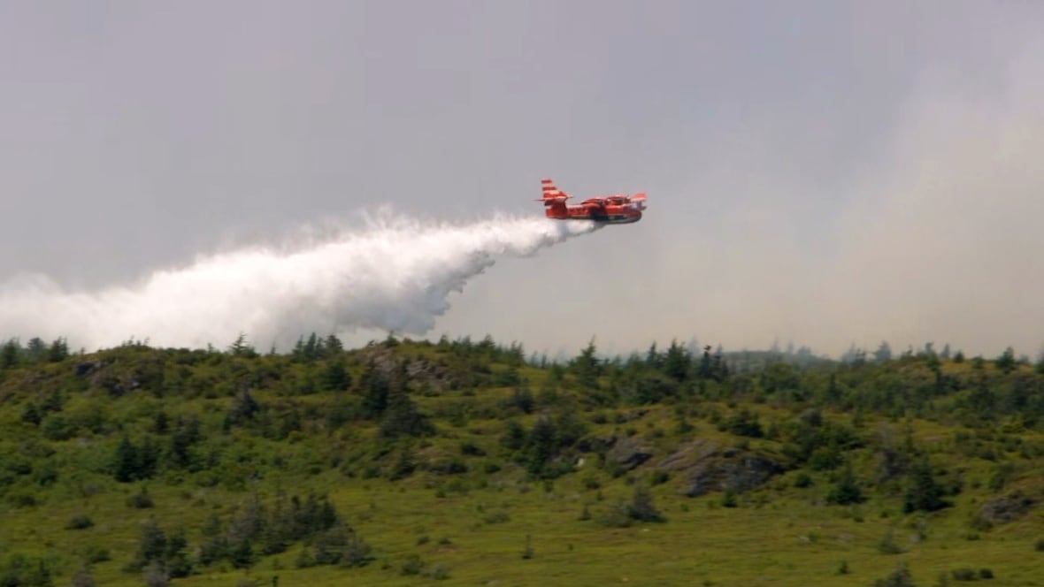 A water bomber flying over a forest area. 