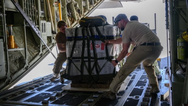 SOldiers load cargo into a militarty aircraft