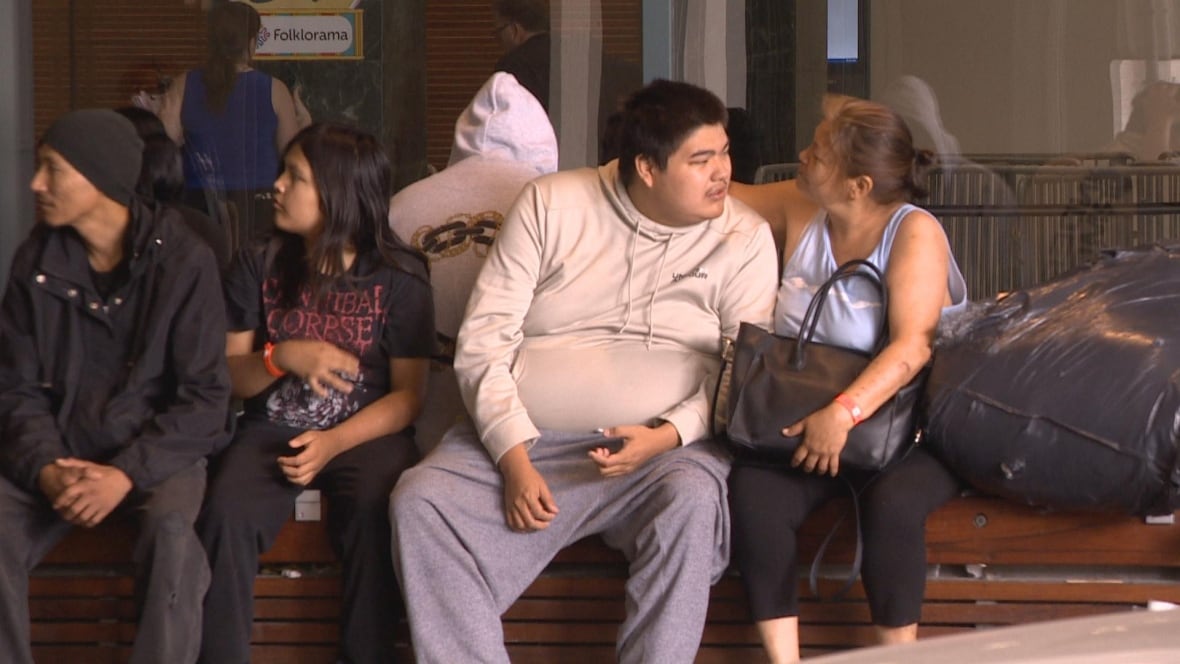 A group of people sit on a bench outside a building.