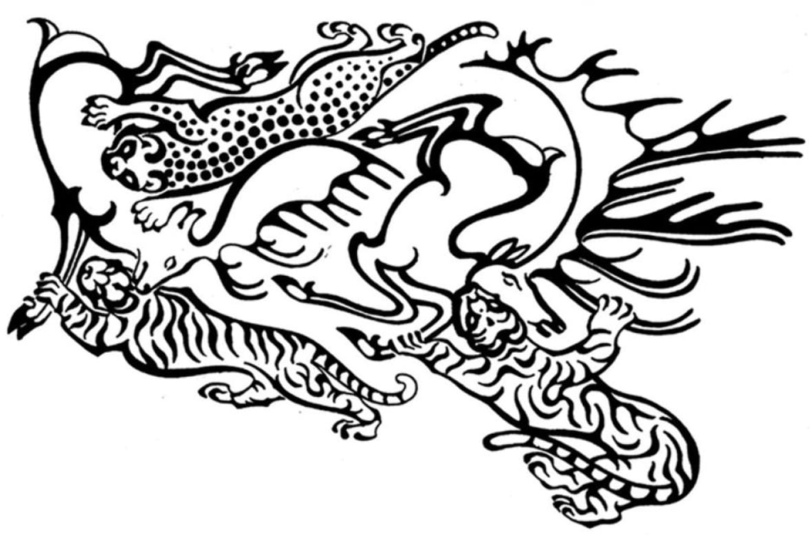 Black and white, highly stylized illustration of a leopard and two tigers swarming and hunting two deer