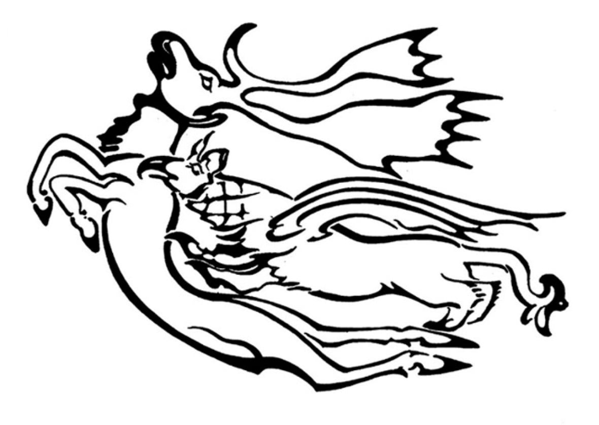 Black and white illustration of a griffon attacking a stag from behind