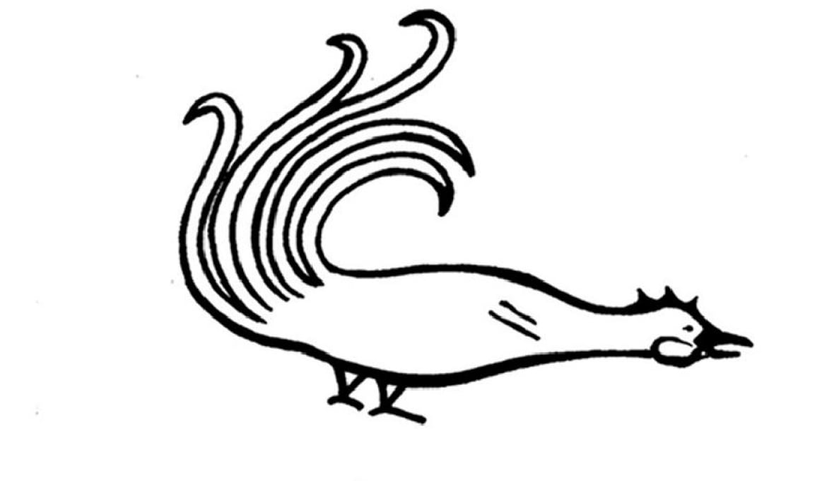 A black and white illustration of a rooster with curling tail feathers leaning forward.