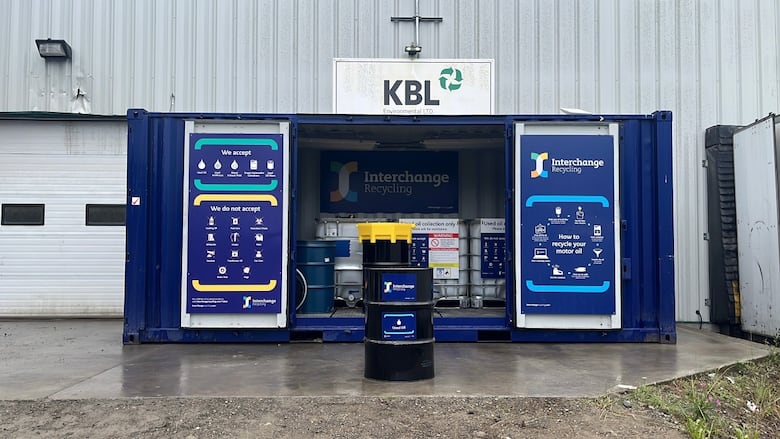 Collection cannisters that read "Interchange Recycling" with infographics.