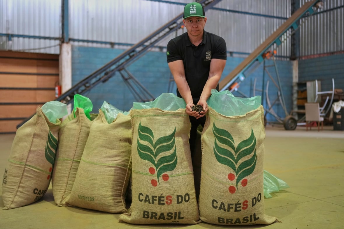 Un hombre agarró los granos de café en sus manos, estaba parado detrás de las bolsas que calificó 'Cafes du Braisil'.