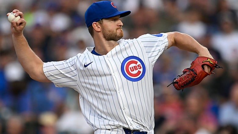Chicago Cubs starting pitcher Michael Soroka delivers a pitch during the first inning of a MLB regular-season game against the visiting Cincinnati Reds on August 4, 2025.