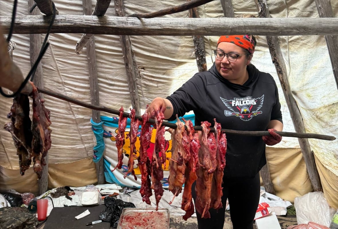 Shannon Chiskamish preparing beaver in a teepee. 