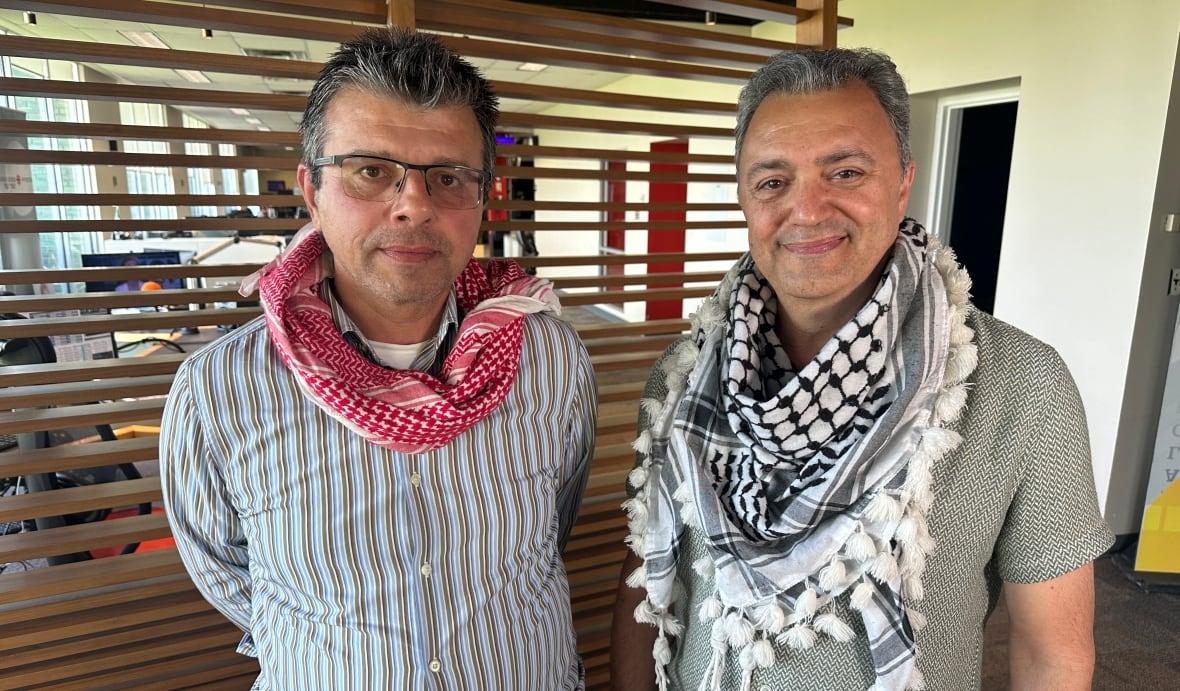 Saaed AlFaqeeh, left, and Maher El-Youssef, right, are calling on the Canadian government and other governments around the world to stop the war in Gaza as soon as possible.