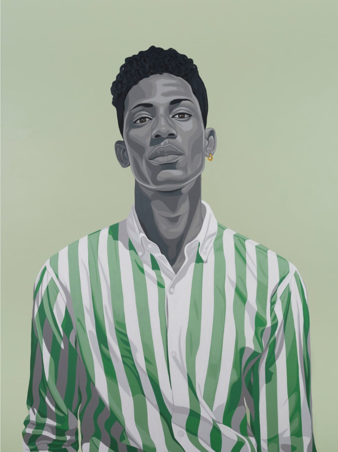 The painting shows a young man with grey-scale facial features, wearing a gold hoop earring and a green and white striped button-up.