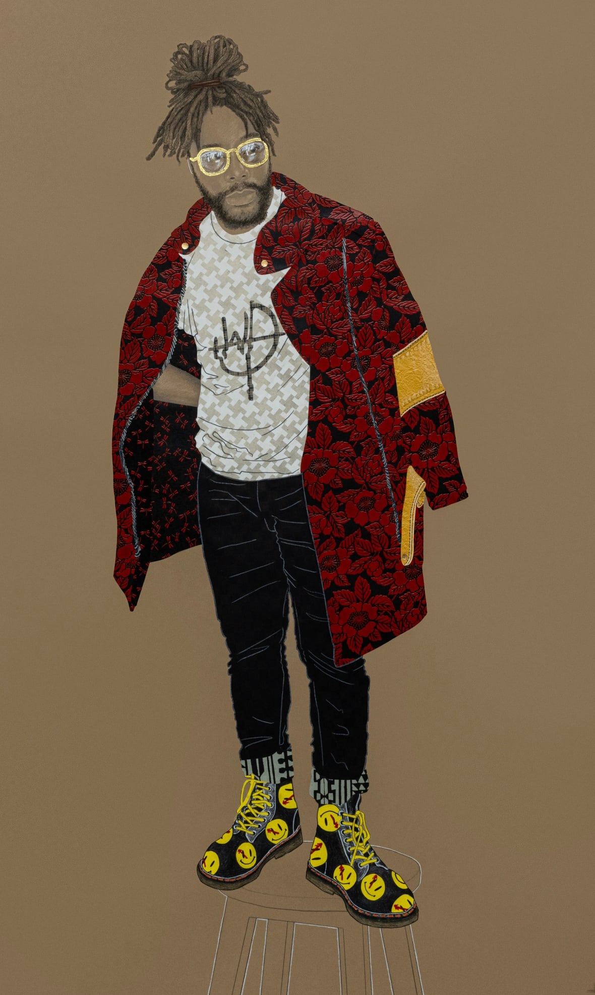 The mixed media artwork shows a man with braids tied on top of his head wearing a large, red printed jacket with jeans and boots.