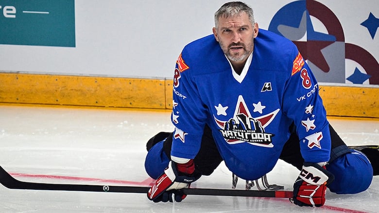 Alexander Ovechkin of the Washington Capitals warms up during the charity hockey "Match of the Year" between Russian players of the National Hockey League and Kontinental Hockey League at the CSKA arena in Moscow on July 13, 2025.