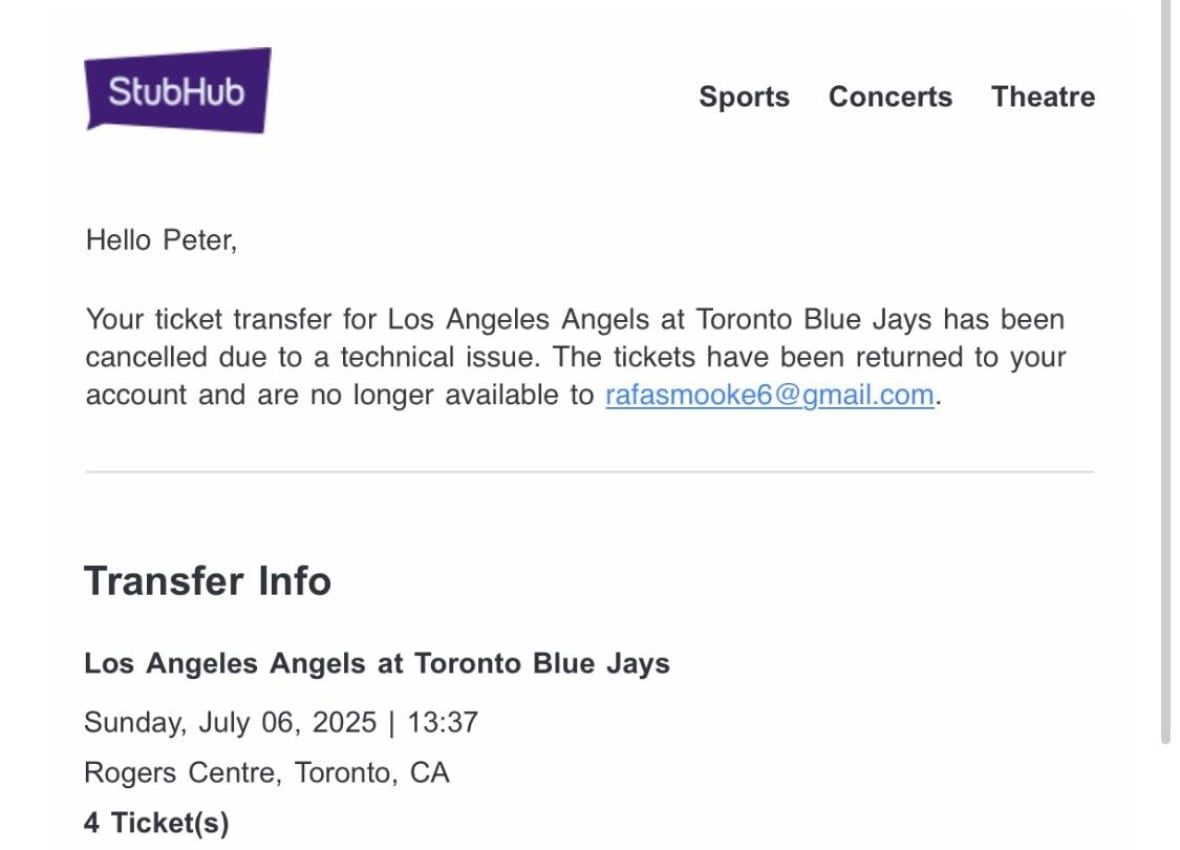 Screenshot of email from StubHub