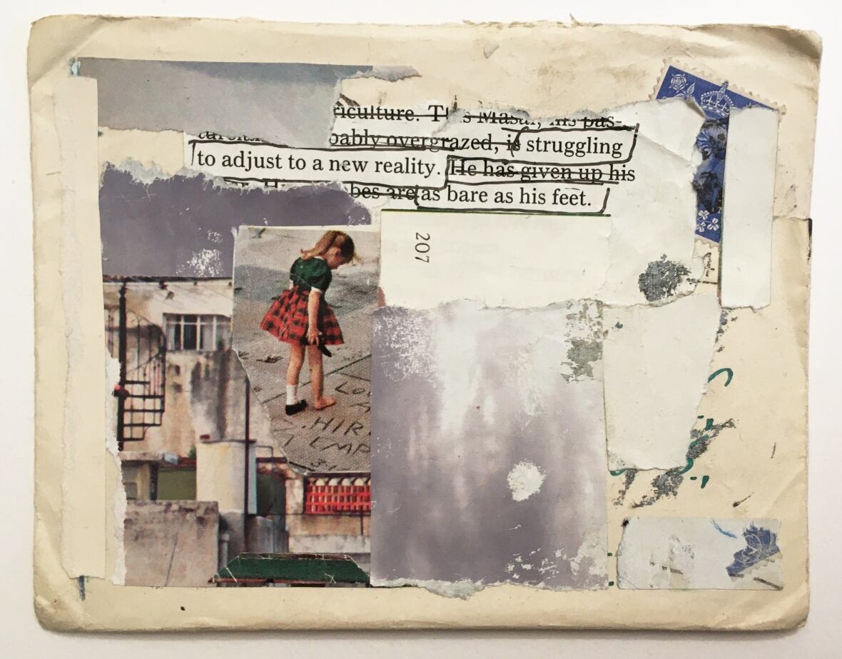 A close up of a collage, including the text "to adjust to a new reality as bare as his feet."