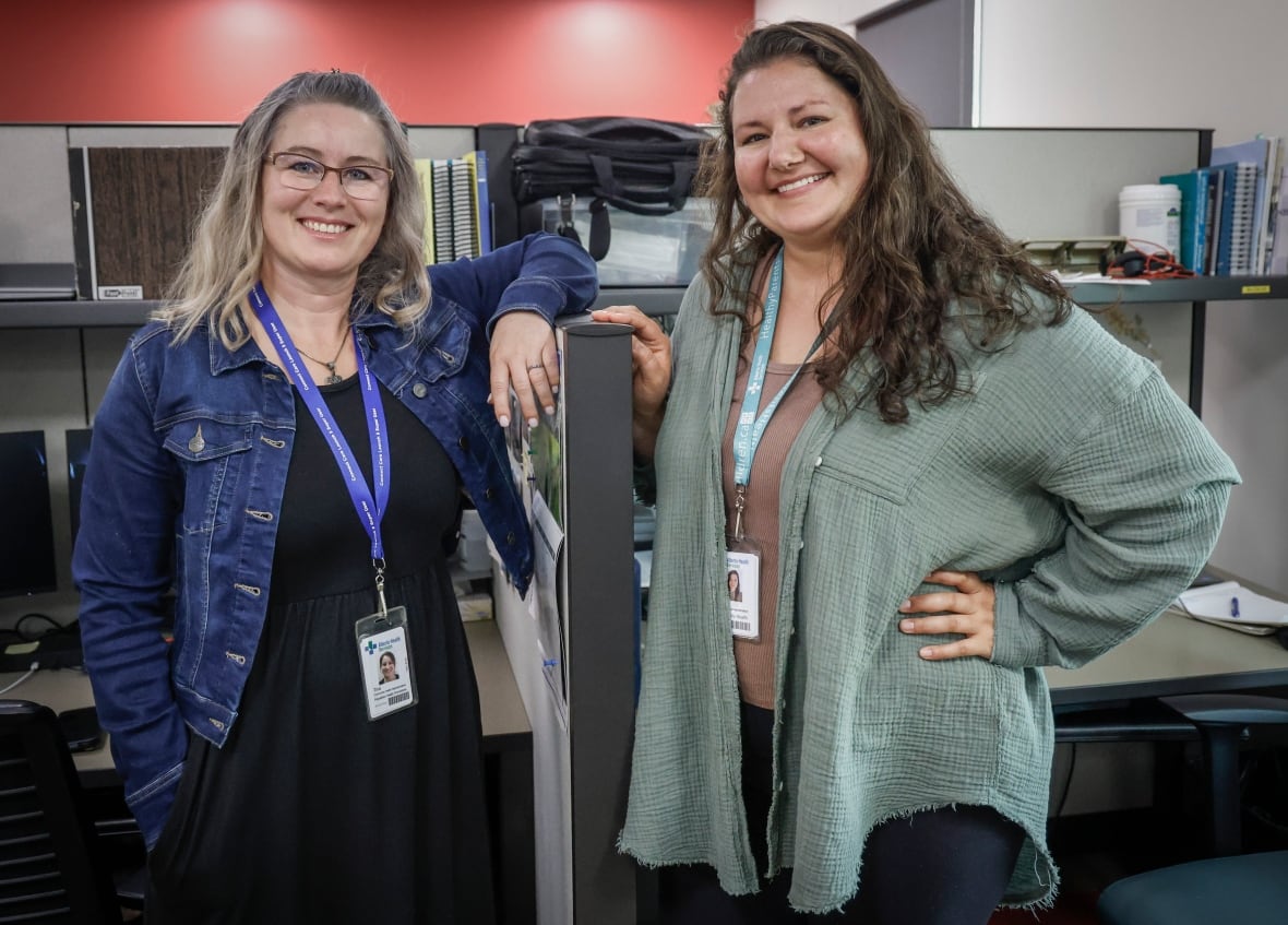 Tina Meggison, left, and Nely Penner, community health reps for the Low German Mennonite community in southern Alberta, are seen at the Taber Community Health Clinic in Taber, Alta., Monday, July 28, 2025.