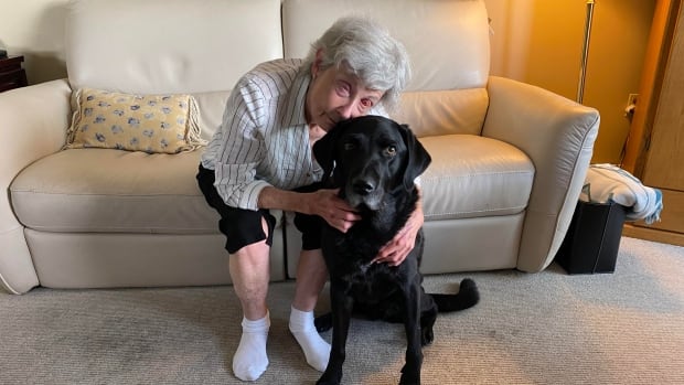 A woman hugs a black dog on a sofa.