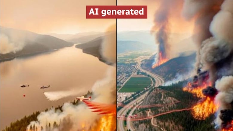 Two AI-generated images show aggressive fire behaviour, but are clearly artificial based on lighting and how clean the angles are.