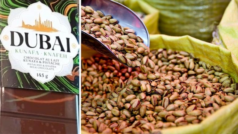 A collage of a Dubai brand pistachio & knafeh milk chocolate bar and a scoop picking up pistachios from a bin.
