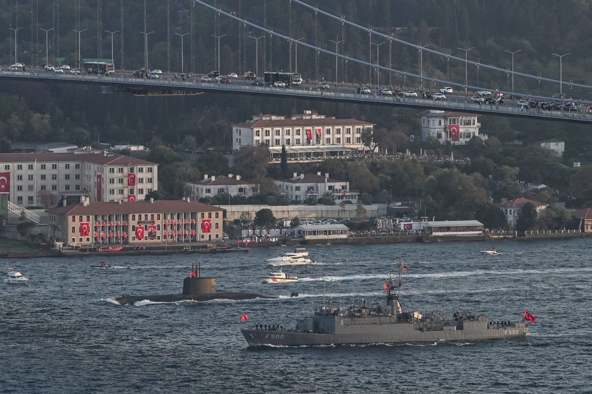 Ships of varying sizes are shown in a body of water, with a large suspension bridge carrying vehicles also shown.