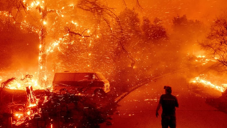 Bruce McDougal watches embers fly over his property as the Bond Fire burns through the Silverado community in Orange County, Calif.