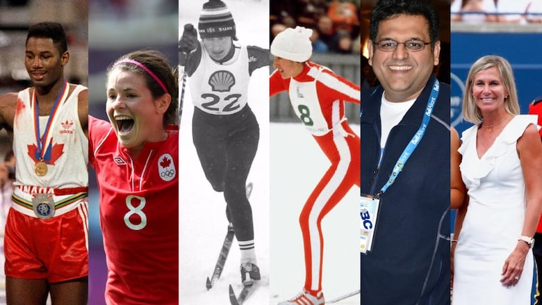 A composite image shows a men's boxer, women's soccer player, two women's cross-country skiers, a man wearing glasses and a lanyard, and a woman in a white dress.