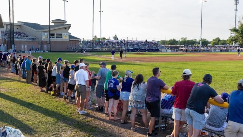 A picture of people standing at a baseball game. 