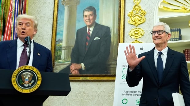 U.S. President Donald Trump introduces Apple CEO Tim Cook in the Oval Office, Wednesday, Aug. 6, 2025, in Washington. U.S. President Donald Trump introduces Apple CEO Tim Cook in the Oval Office.