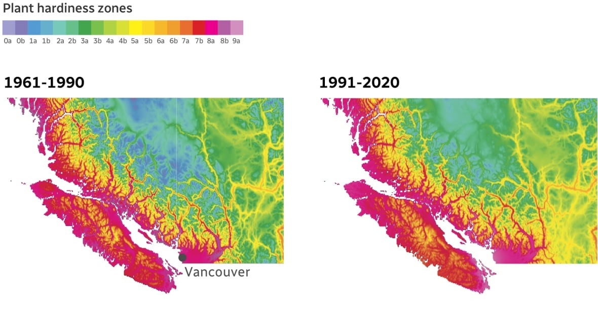 Two versions of a map of B.C. with rainbow colours side by side