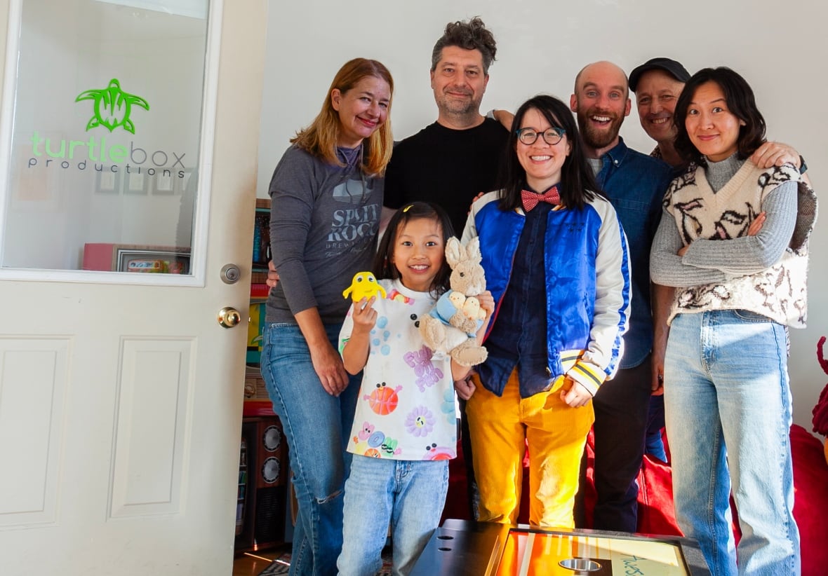 The cast and crew of "Bumpadoo!,"  the new TVOkids series produced by Hamilton based Turtlebox Productions. From left to right, Kat Kelly Hayduk, executive producer, Olivia Yang, the voice of LiLi, Carmen Albano, co-creator and the voice of Bumpi, Celeste Koon, co-creator, Evan DeRushie, animation director, Cam Hayduk, executive producer, and Shel Sun, voice of LiLi's mom. 