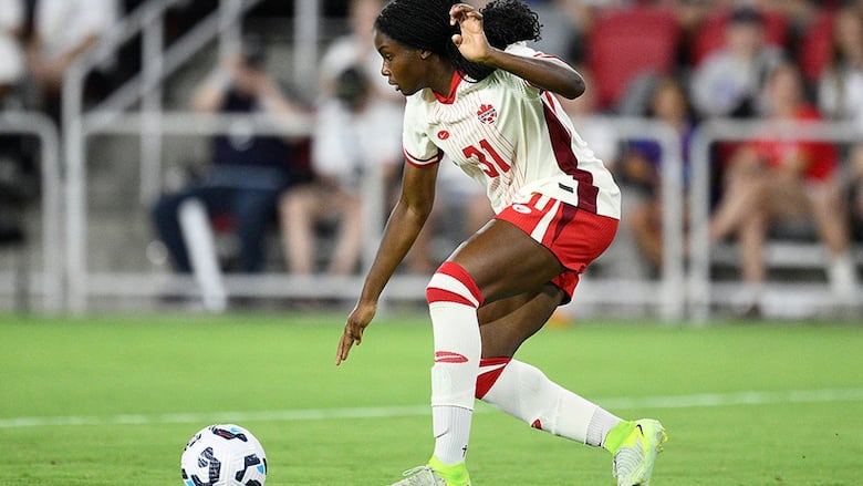 Canada forward Anabelle Chukwu in action during the second half of an international friendly soccer match against the United States on July 2, 2025, in Washington.