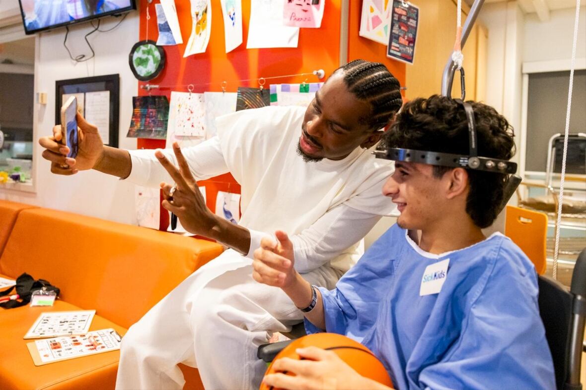 Hamilton basketball star Shai Gilgeous-Alexander visited The Hospital for Sick Children in Toronto on Wednesday Aug. 6, 2025. He took the NBA championship trophy to the hospital during his visit.