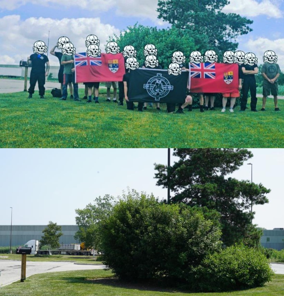 In the above photo, Nationalist-13 members pose at a truck stop in south London. The below photograph shows the same location as seen on Aug. 7, 2025.