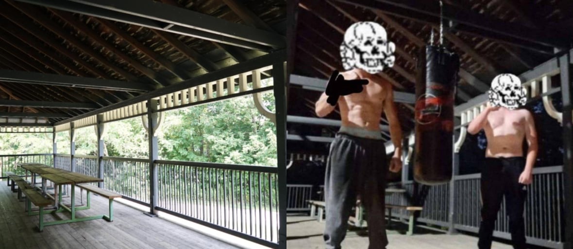 The Pavillion next to the Lake in Pinaza Park of St. Thomas, which is shown to the left on August 6, 2025, is the same place as the members of the Nationalist -3 Youth Division are training in the photo to the right.