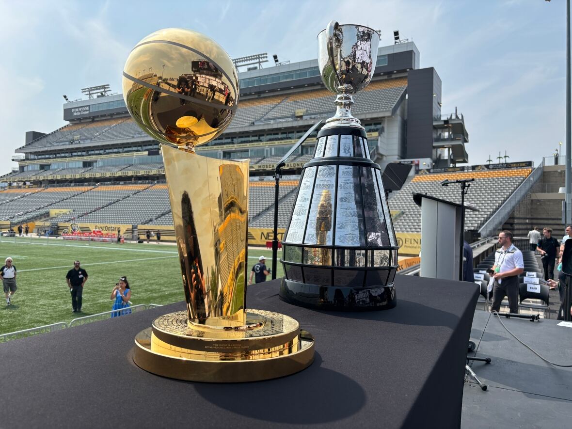 two trophies with stands and a field in the background