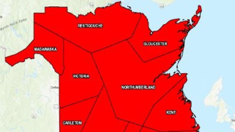 map of New Brunswick with all regions red