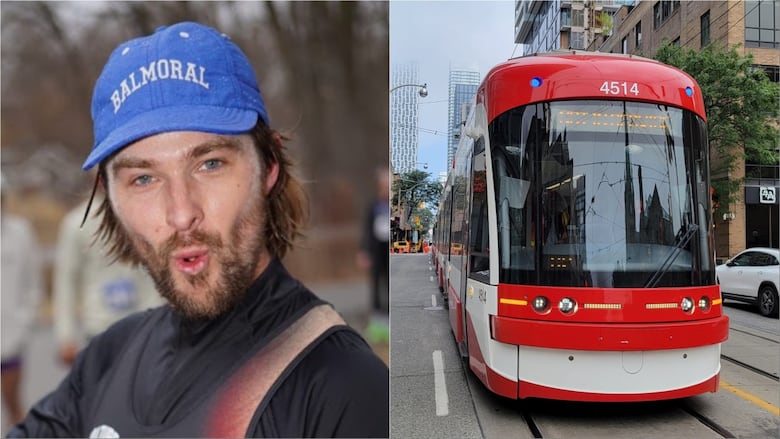 Side-by-side images of a man with a beard and cap pursing his lips, and a bright red streetcar. 