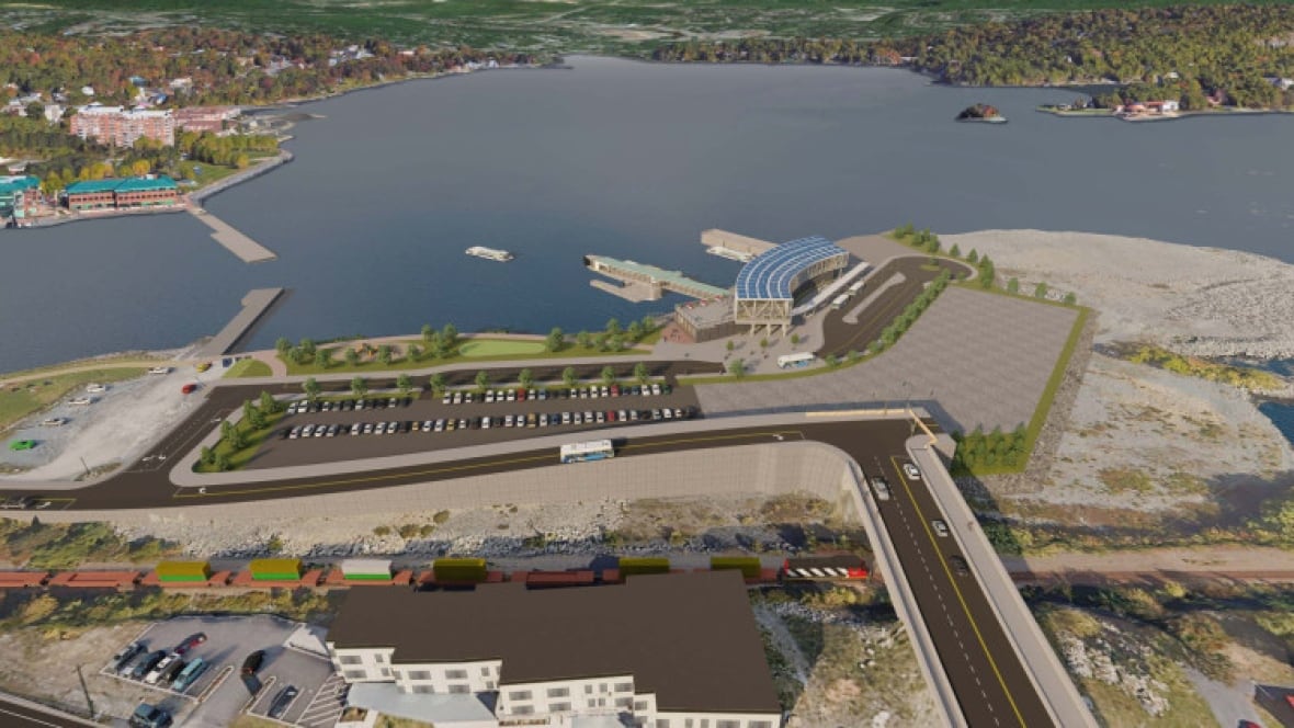 A computer rendering shows a view of the proposed terminal, with a train passing under the bridge connecting the terminal to the mainland.