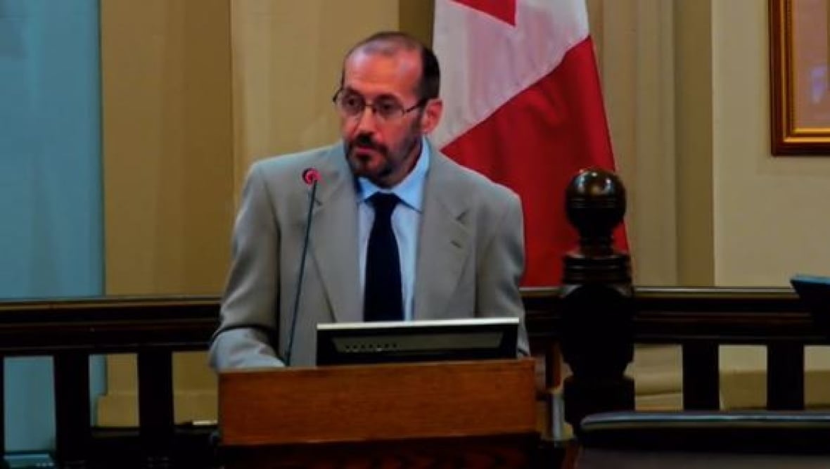 A man with brown hair and beard, wearing a suit, stands at a podium with the Canadian flag behind him.
