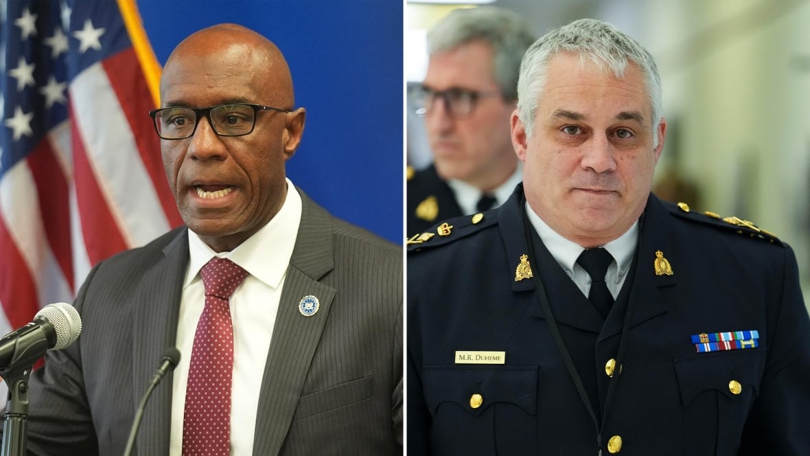 In this composite image, a bald man wearing glasses and a brown suit speaks into a microphone, and a man with white hair wears a police uniform.