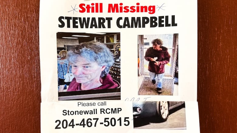 A poster that says, 'Still missing: Stewart Campbell,' with two photos of a man and one photo of a car's tire.