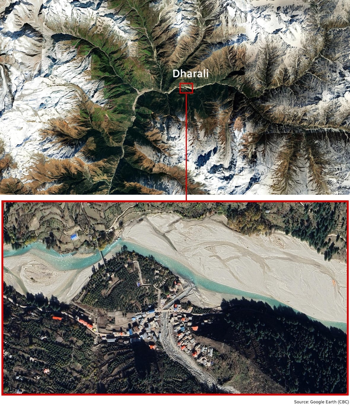 Viewers of the satellite map are constantly stacked. The upper image shows mountain hills and ice rivers, while in the middle of the image is the name of the village dharali inside a red box with a line that extends to the lower image. The lower image shows a closer vision of the site, which shows a river (horizontally) through a mountain valley with buildings located along another river bed heading towards the bottom of the image.
