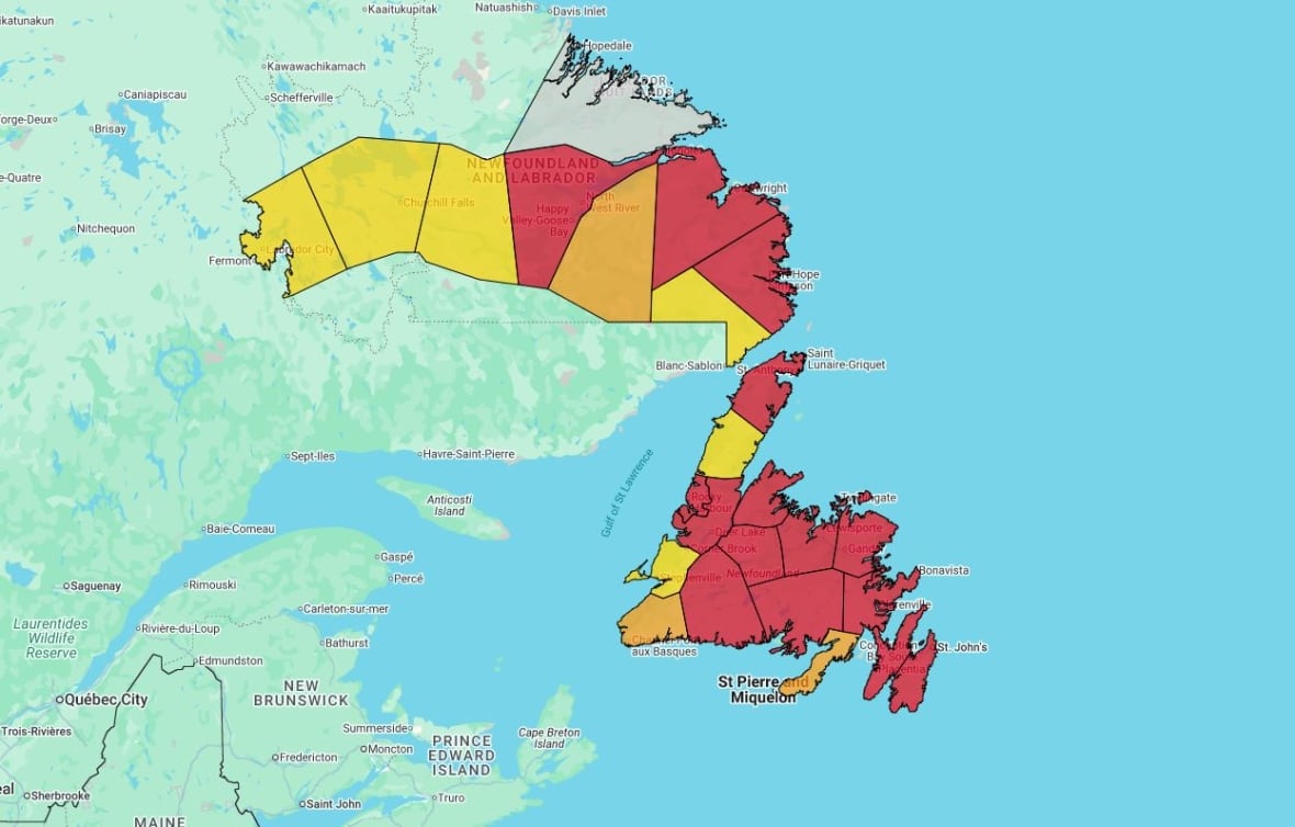 Map of an island that is mostly red.