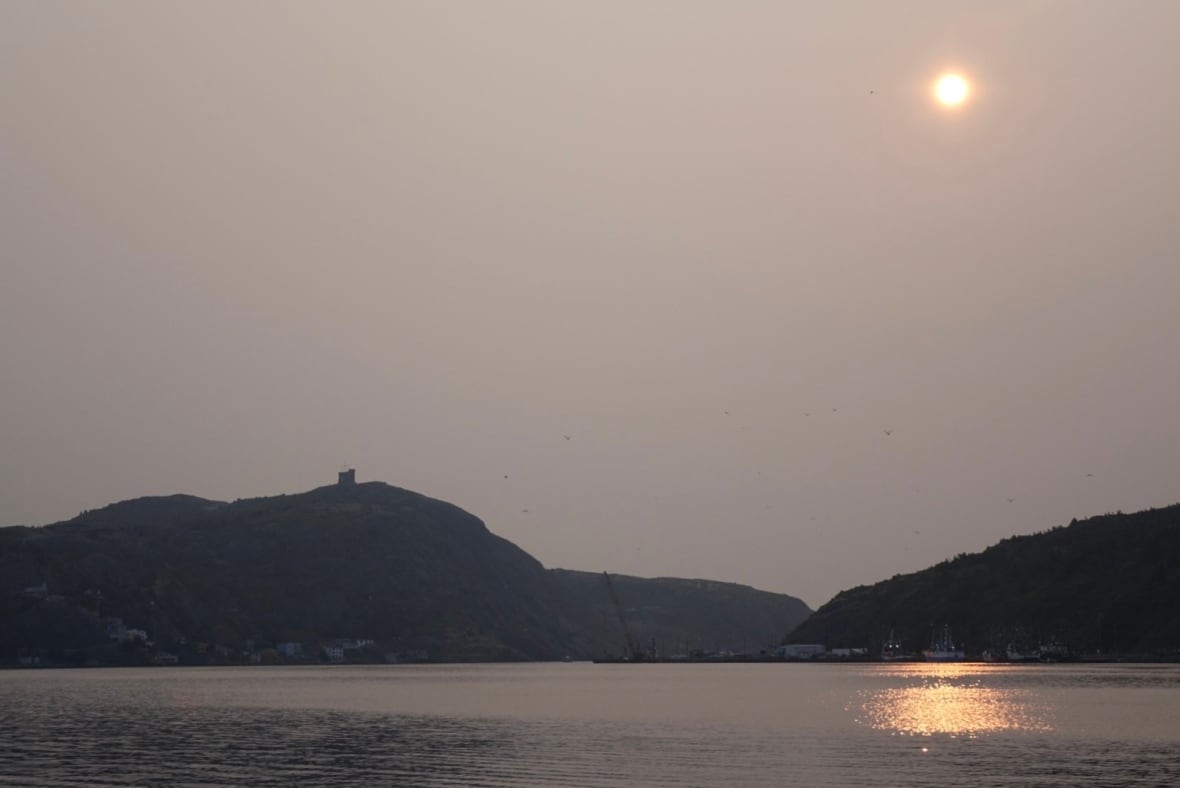 A view of a port with a foggy sky full of smoke.