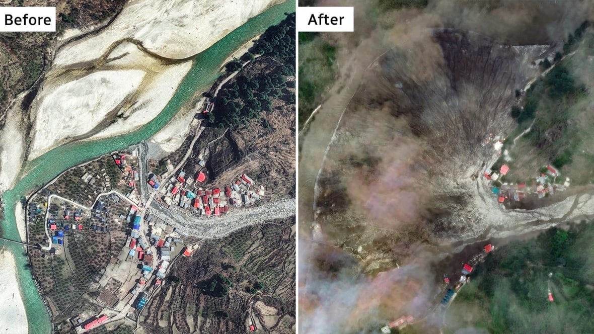 Satellite images appear on the left, a mountain village along a river, on the right, the same village and the river covered with mud and debris.