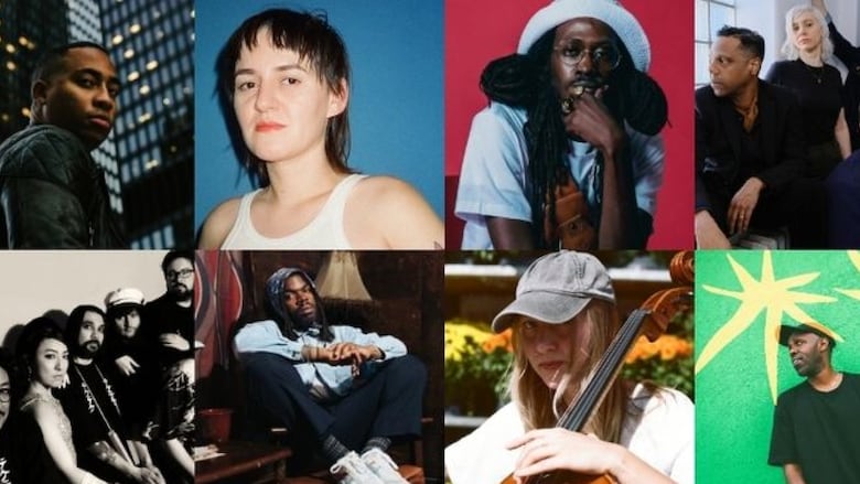 A graphic consiting of eight photos of different musicians/bands: Cadence Weapon, Sister Ray, Junia-T, the Dears, Teke :: Teke, Jaywood, Eliza Niemi and Shad. 