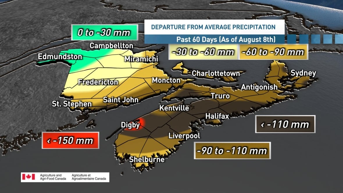 A map shows below-average precipitation levels across Nova Scotia for the past 60 days.