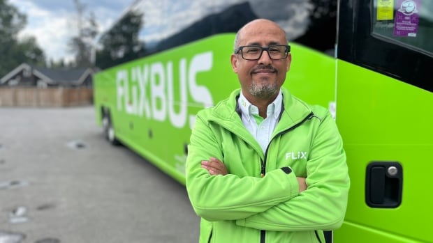 A man wearing a green jacket poses beside a bright-green Flixbus.