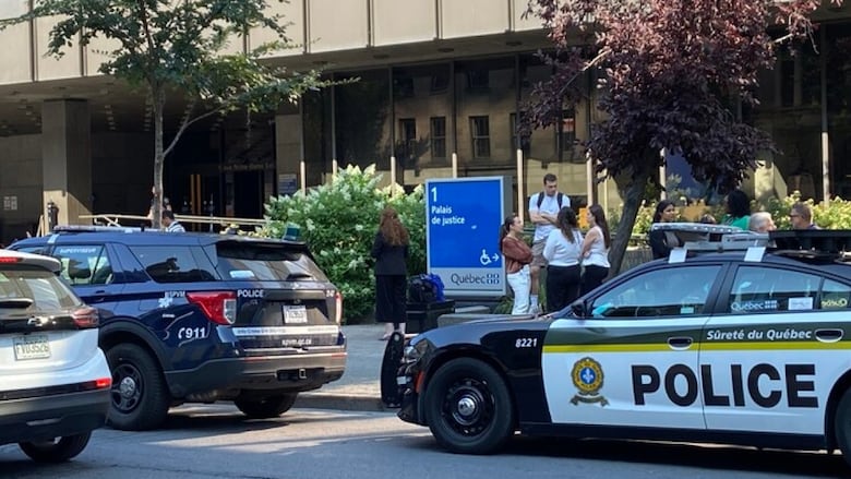 police cars and people in front of building