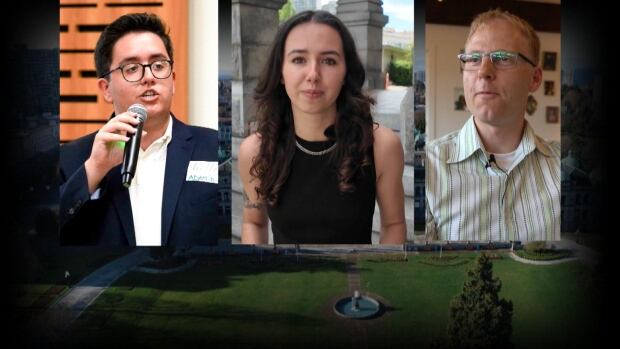  A man with a microphone, a woman with brown hair and a man with glasses appear in three photos side by side. 